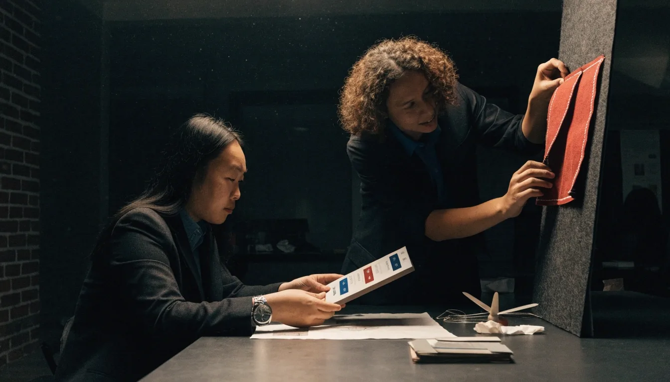 A hand placing a blank paper card on a felt table during a working session