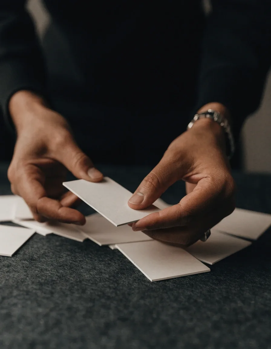 Designer's hands arranging blank wireframe cards on a felt surface