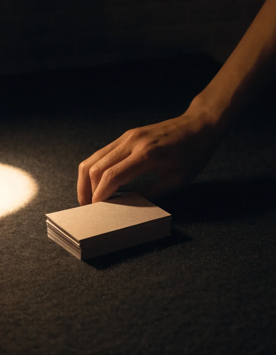 A hand resting beside blank matte paper cards on a charcoal felt surface under a low lamp pool