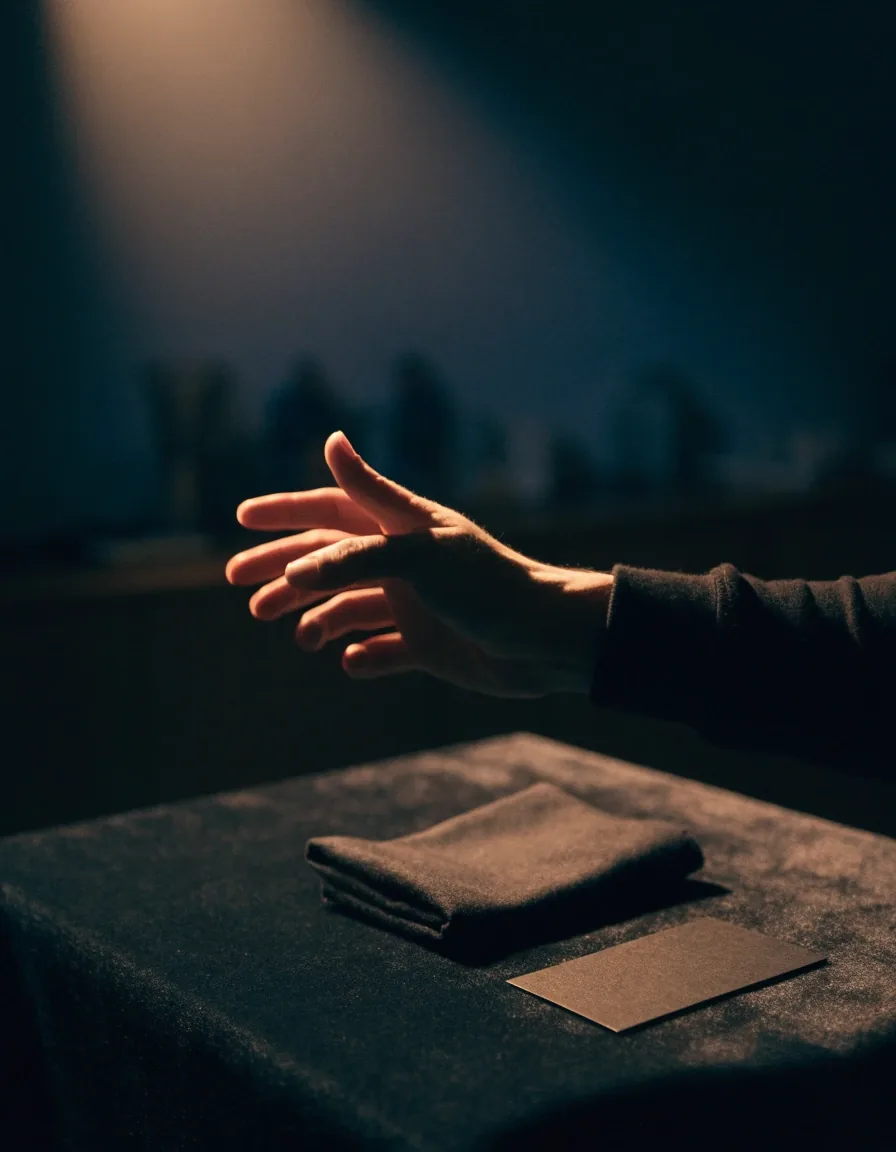 A hand mid-gesture over a charcoal felt table in a dim studio room