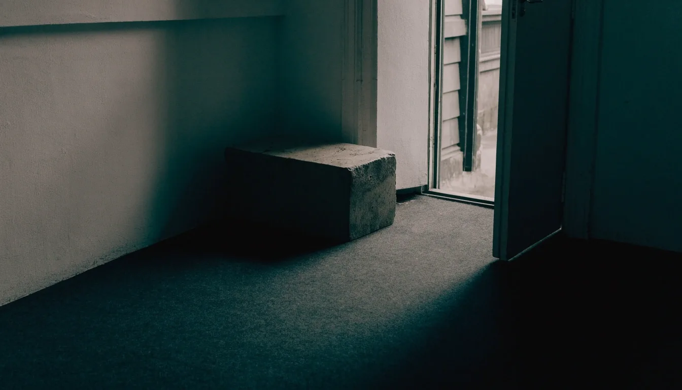 Overcast daylight spilling from a studio doorway across a charcoal felt floor