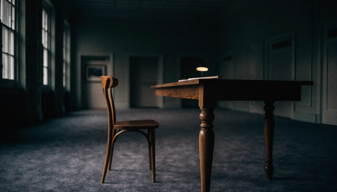 Quiet reading room interior with one lamp pool and an empty chair, photographed at arm's length