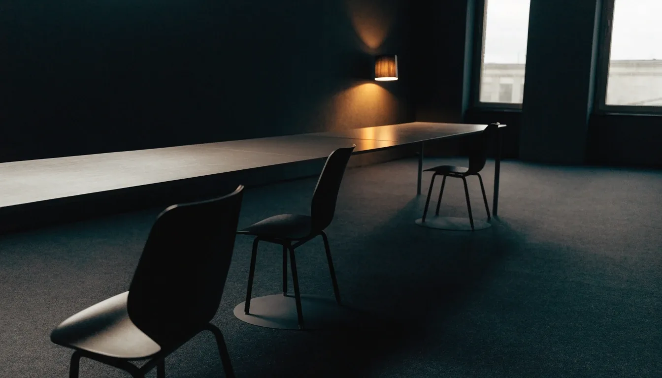 A quiet studio meeting room with one lit table and empty chairs at the end of the day