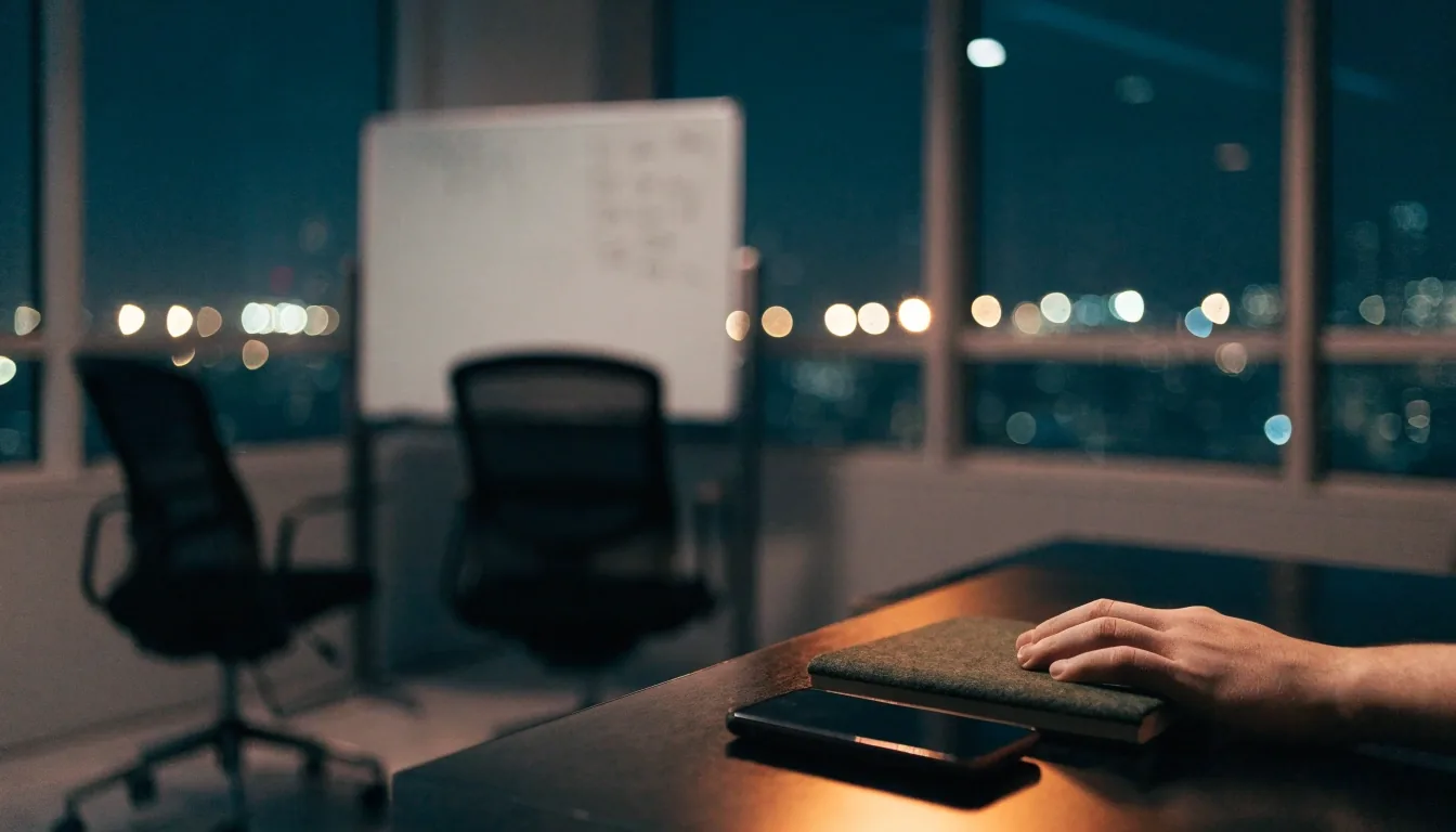 A dark studio desk with a closed laptop, a phone turned face-down and a coiled cable on charcoal felt