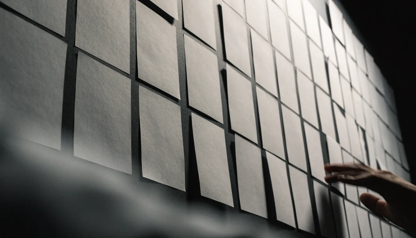 A wall of blank paper cards arranged in columns and rows, photographed at an angle