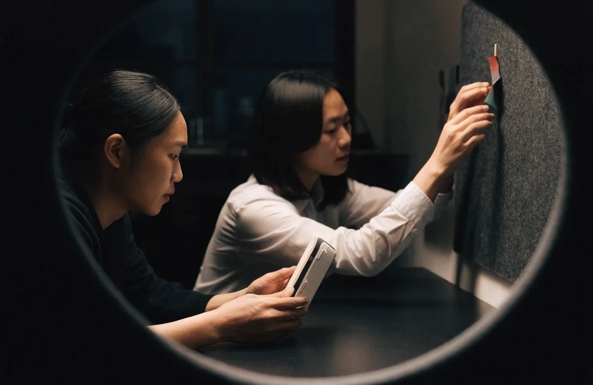 A designer's hands arranging blank paper cards on a dark felt surface