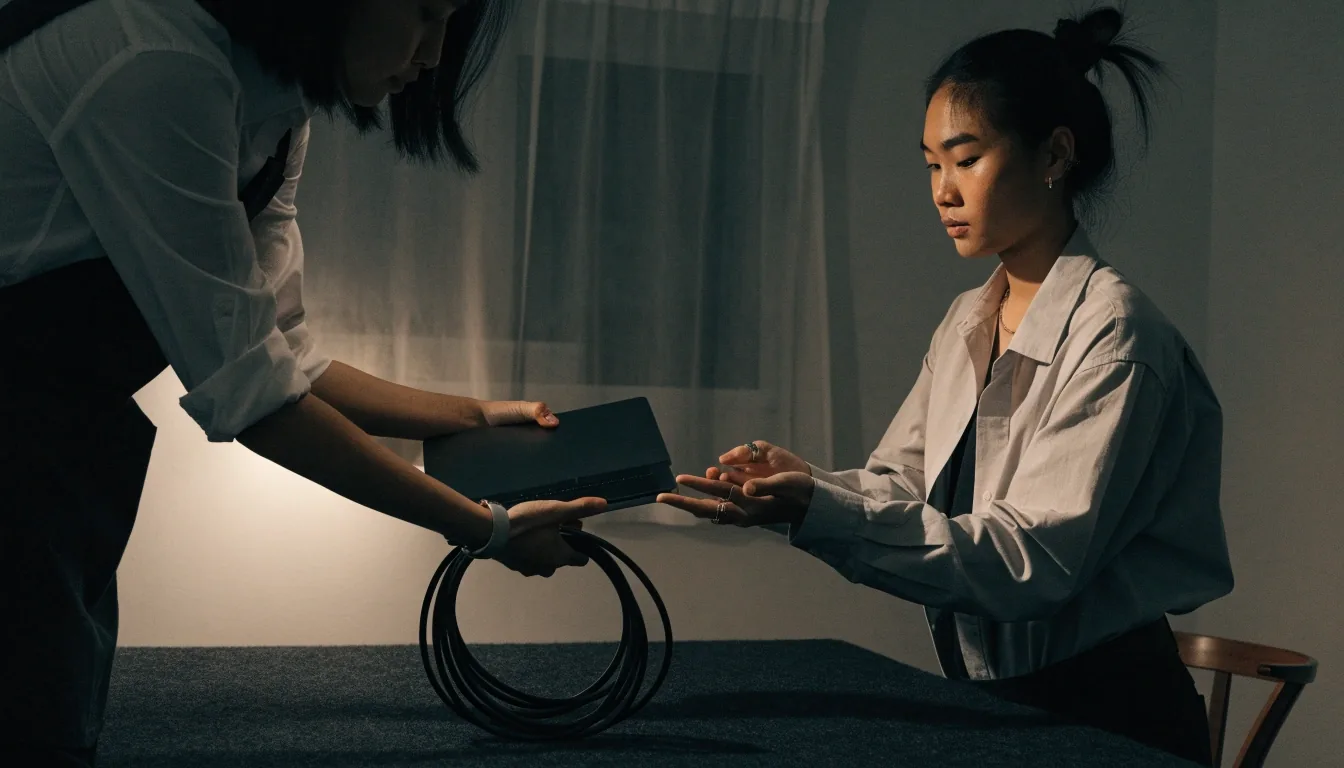 A quiet desk with a closed laptop and coiled cable under a single pool of lamplight