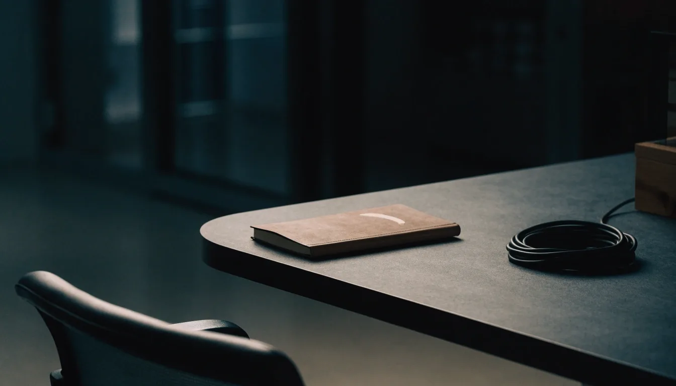 A dark studio desk at the end of the working day, with a closed notebook, a coiled cable and an out-of-focus chair edge