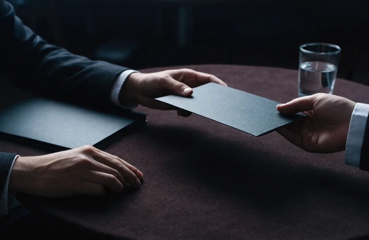 Two hands passing a matte folder across a dark felt-topped studio table during a meeting