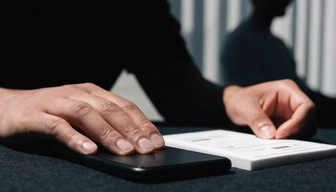 A developer holding a phone face-down while sketching at a dim studio table
