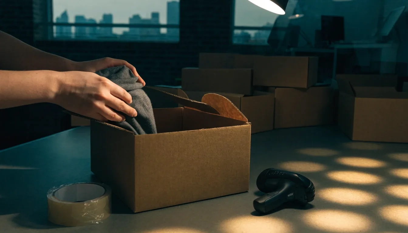 An open shipping carton on a felt counter with a scanner face-down at the edge