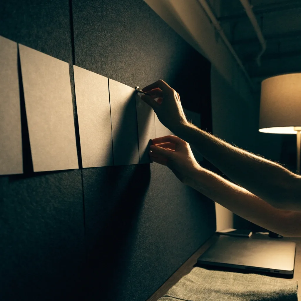 Hands arranging blank grey cards in a row on a dark felt table