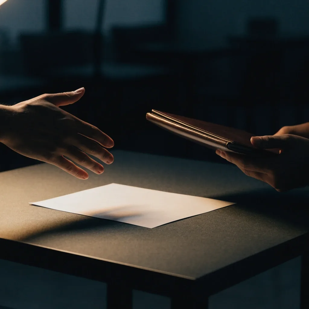 A hand over a dark felt table beside a face-down printed scope outline