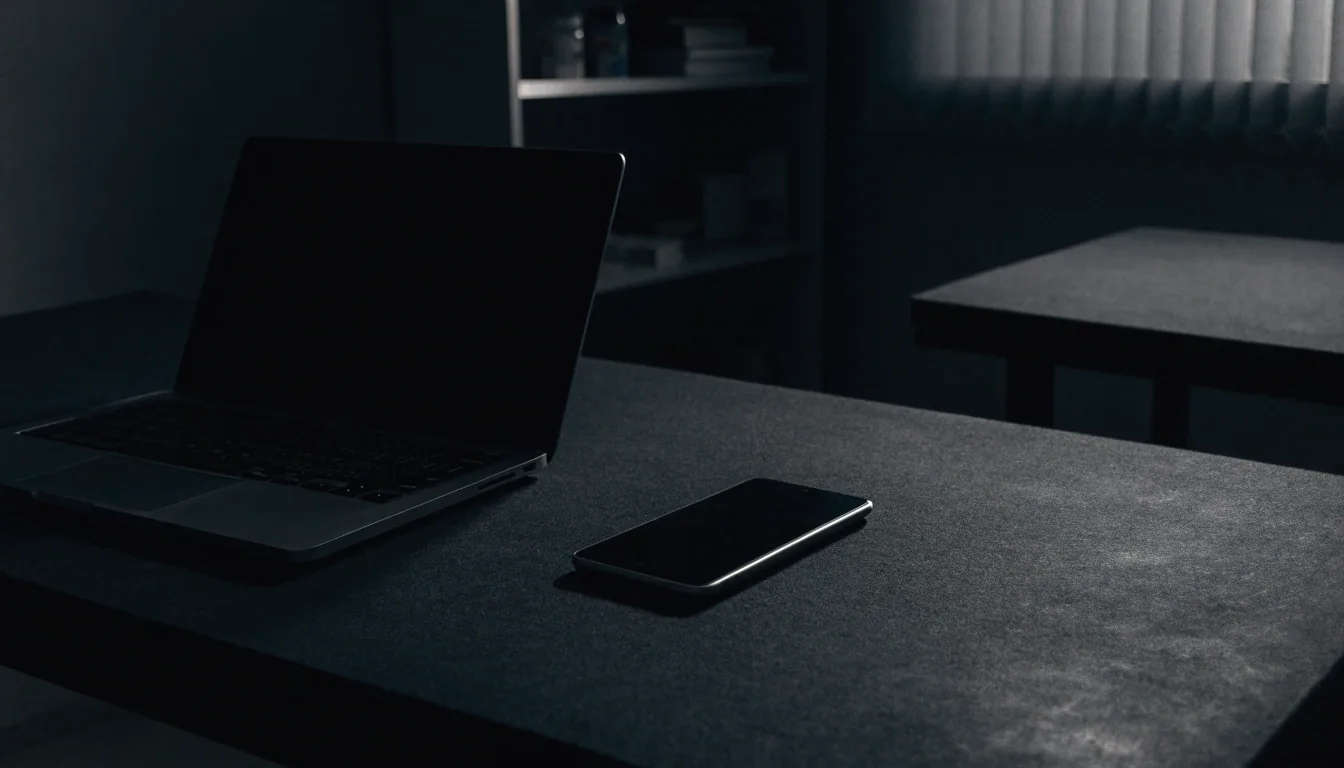 Duova LLC studio workroom with a laptop and phone on a dark felt table, screens turned away