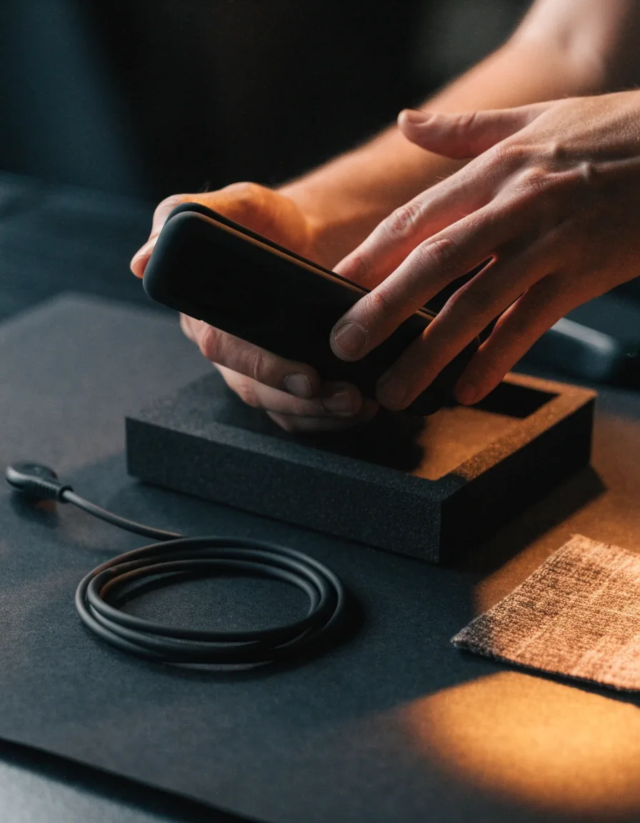 Matte device sleeve on charcoal felt with a cable beside it, lit by soft lamplight