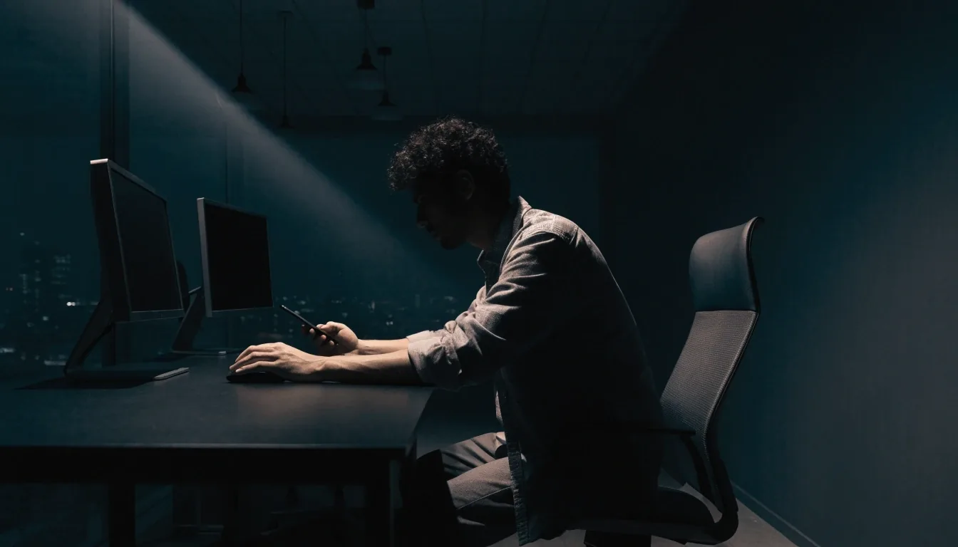Person working at a dark desk on a business website build, hands on the keyboard